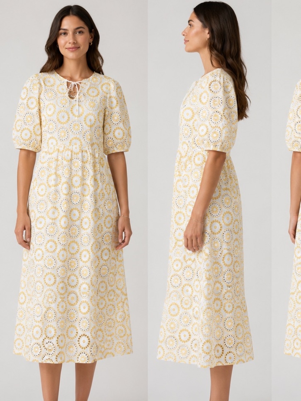 Barbour White Yellow Eyelet Embroidered Midi Dress Floral Cottagecore Boho US 8
